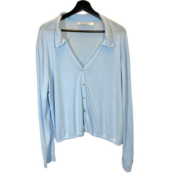 Free People Tops - Free People Beach Blue Button Up Long Sleeve Ribbed Linen Blend Oversized Top La